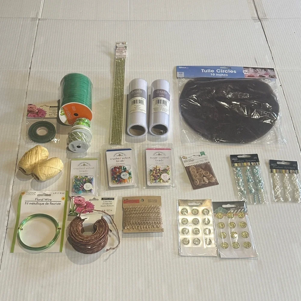 NWT Assorted Home Party craft Supplies Set with tulle ribbon brads stick ons